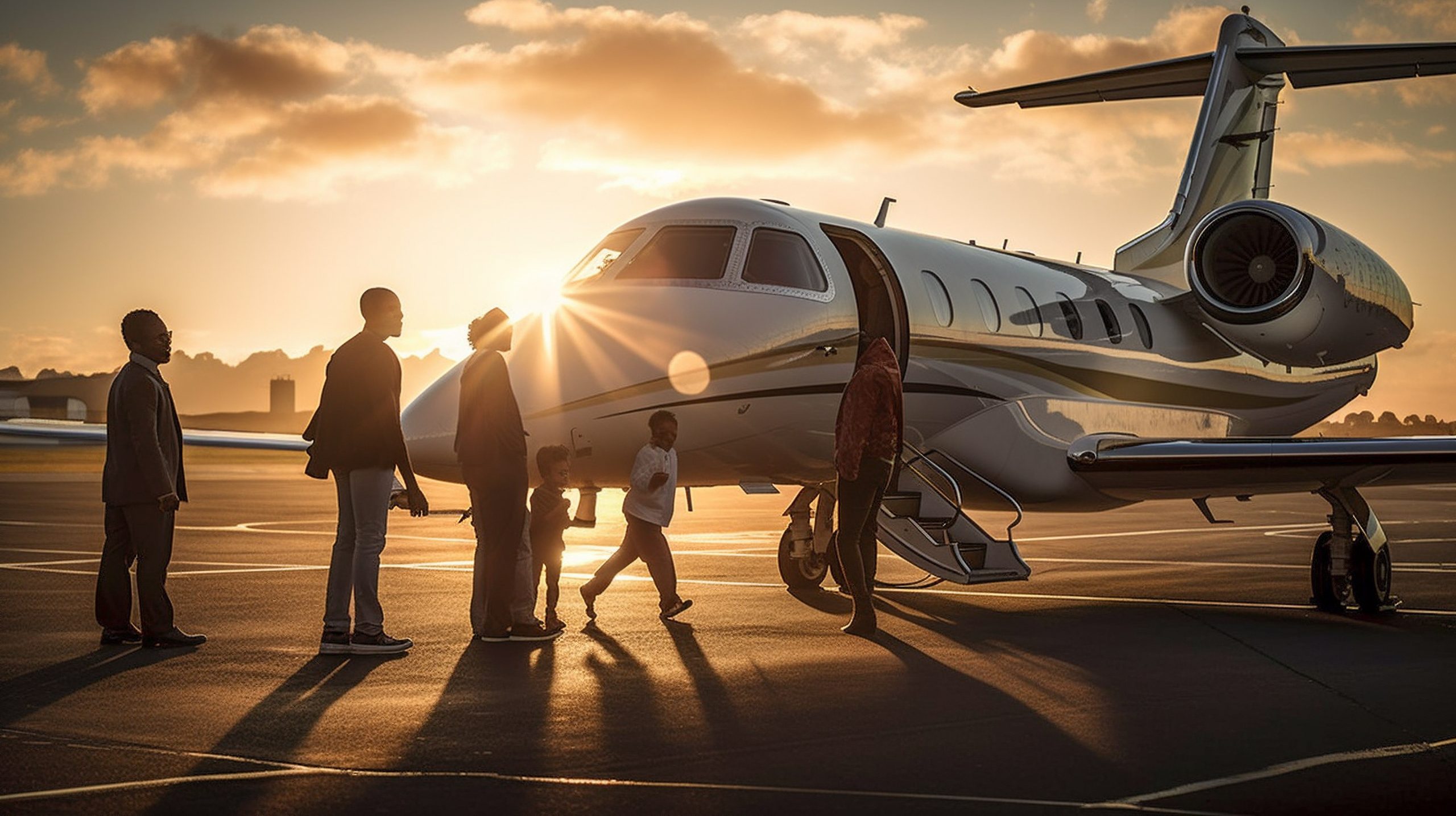 family boarding a small private airplane